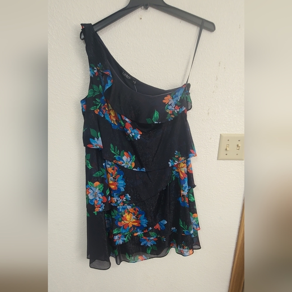 Ralph Lauren Black One-Shoulder Floral Tiered Dress